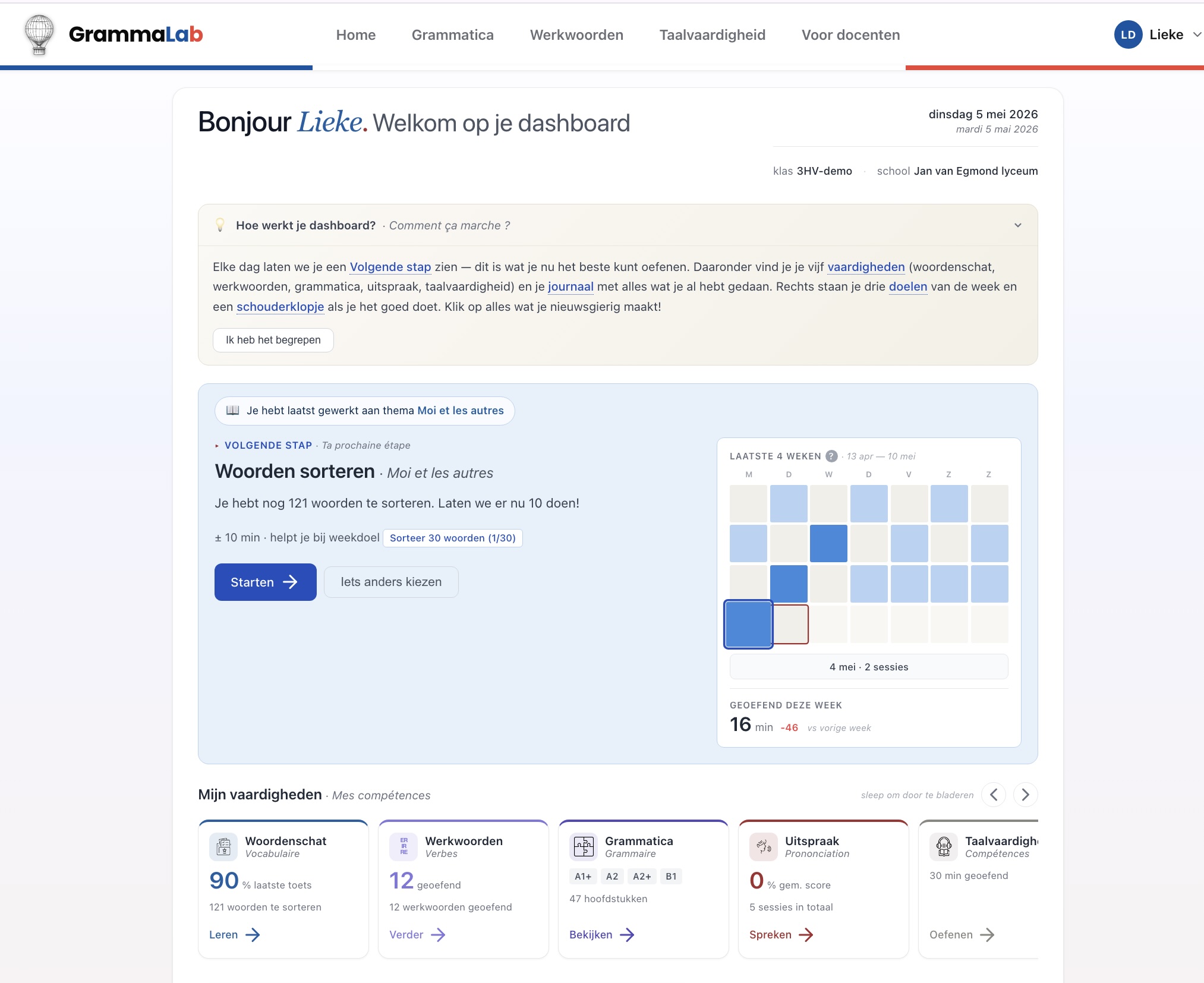 Voorbeeld van het GrammaLab-dashboard: overzicht van dagenserie, doelen, voortgang per module (grammatica, taalvaardigheid, uitspraak, woordenschat), recente activiteiten en aanbevelingen.